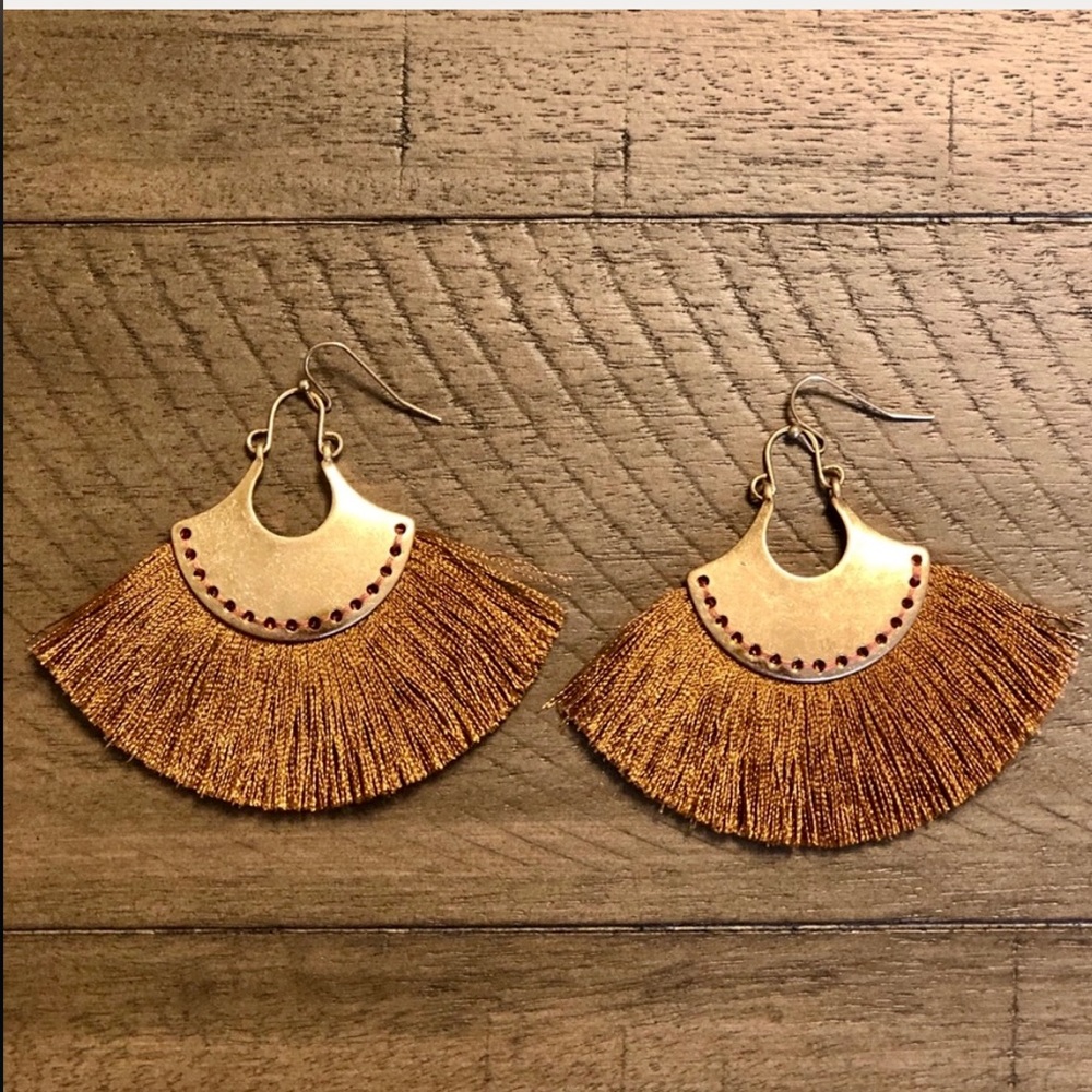 Vintage Gold Mustard Tassel Fan Drop Earrings - Picture 3 of 4
